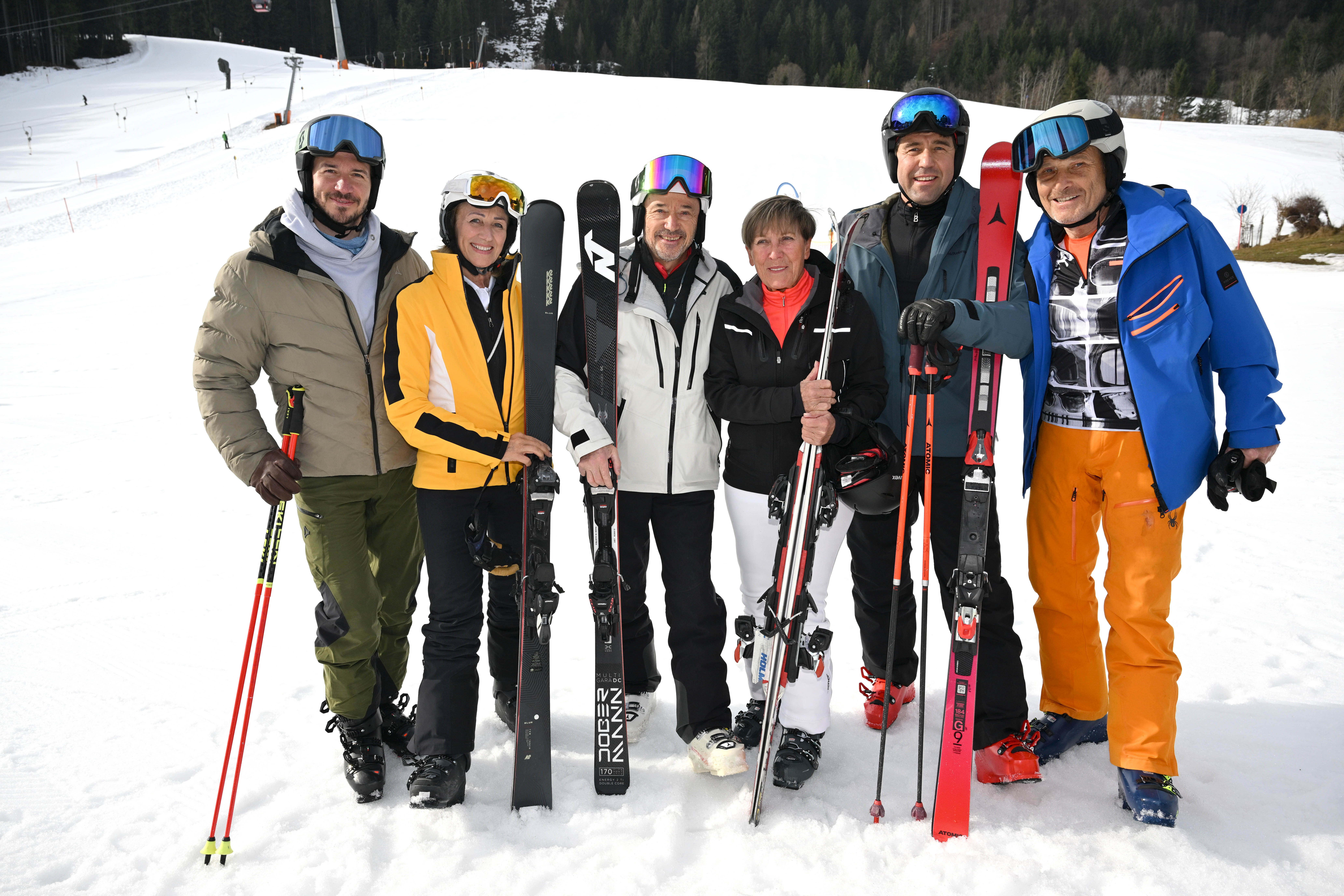 Felix Neureuther, Michaela Gerg, Christian Neureuther, Evi Mittermaier-Brundobler, Max Rauffer mit Gastgeber Peter Heidecker